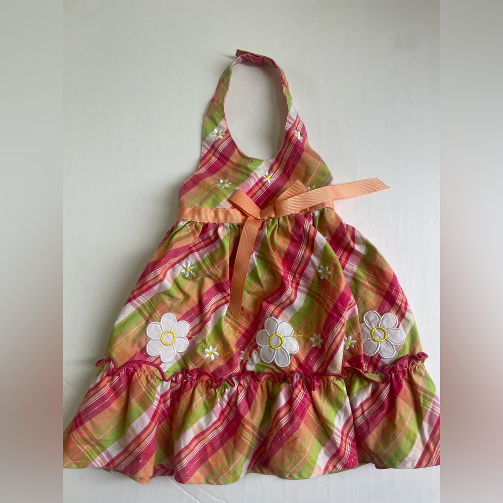 Blueberi Boulevard Girls' Pink & Orange plaid halter dress -18 months